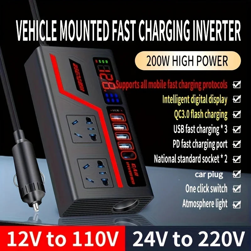 Inversor 200W Convierte y Carga Rápido en tu Vehículo