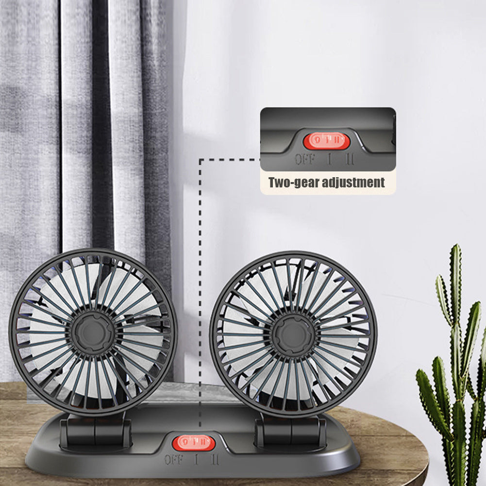 Ventilador Dual para Auto 360° – USB y Enchufe, Portátil y Ajustable