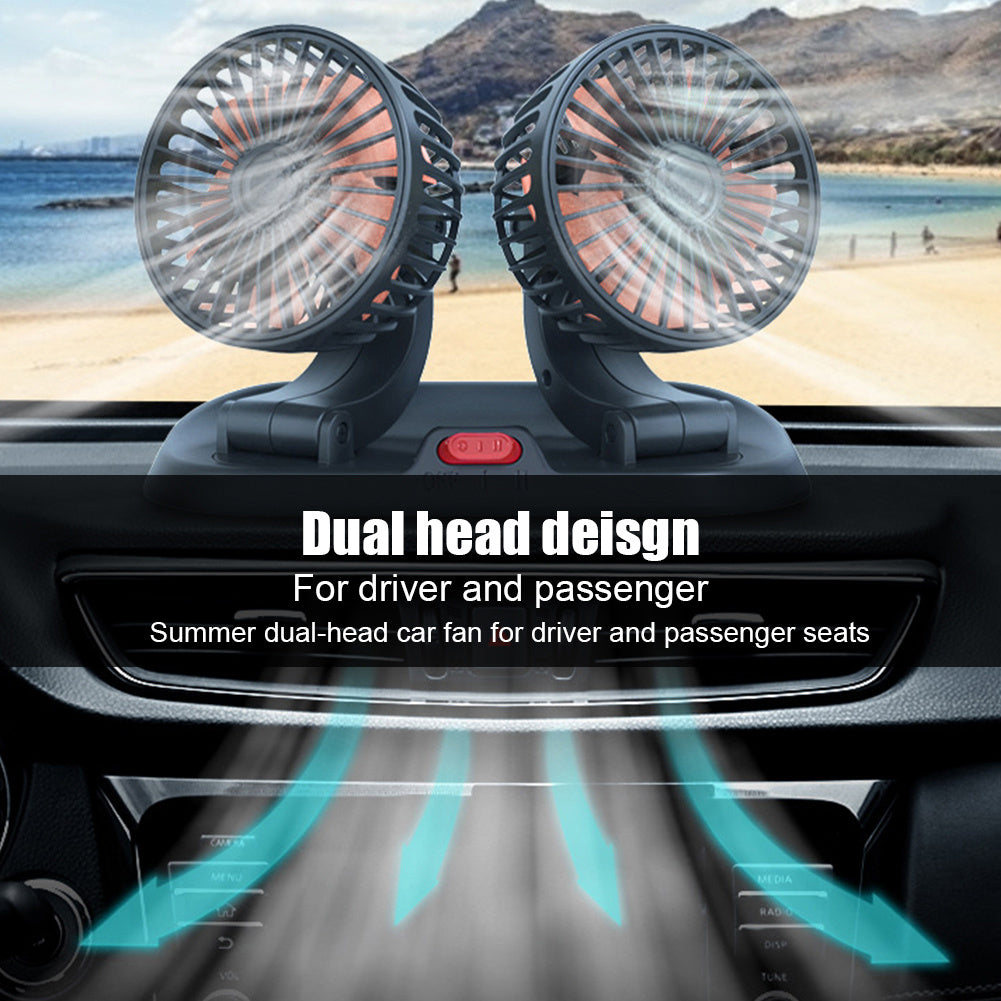 Ventilador Dual para Auto 360° – USB y Enchufe, Portátil y Ajustable